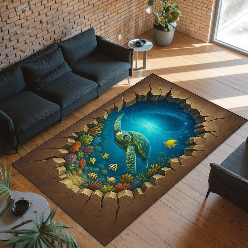 Deep Ocean Serenity Rug Large Detailed Turtle with Vibrant Shell & Fishes Calming Navy Blue Carpet for Living Room Bedroom Floor