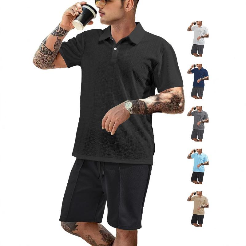 Mens Casual Two Piece Outfit Textured Short Sleeve Polo Shirt And Drawstring Shorts Set