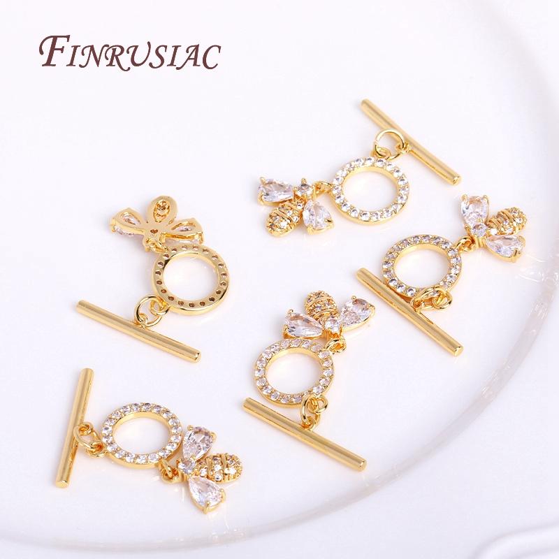 18K Gold Plated Bee OT Toggle Clasps For Necklace Components,Cubic Zirconia Round Toggle Clasps DIY Jewelry Making Supplies