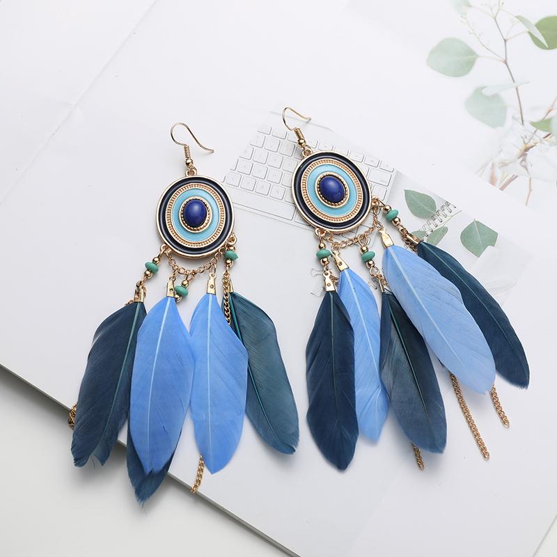 Bohemian Tassel Chain Feather Earrings for Women Unique Long Oval Drop Glaze Handmade Dangle Earring Pendiente Mujer Accessories