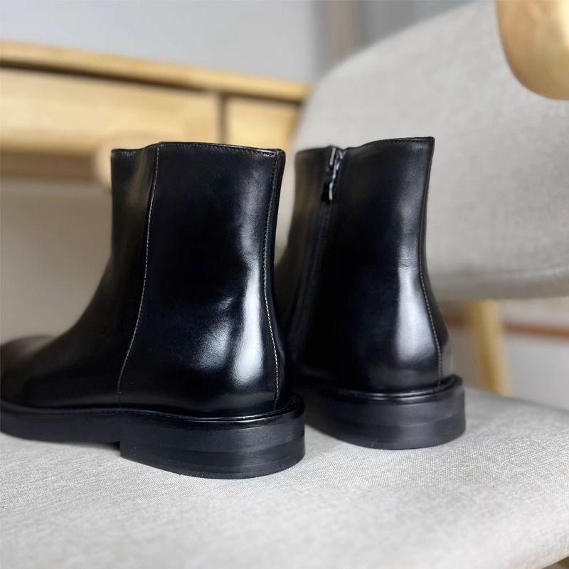 Side Zipper Martin Boots High Top Leather Shoes Trendy Brand Catwalk Square Head Chelsea Boots Men's Platform Short Boots