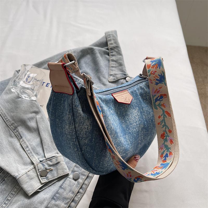 Denim Moon Bag with Colorful Strap Women's Crossbody Bag Fashionable Shoulder Bag Casual Daily Use Design
