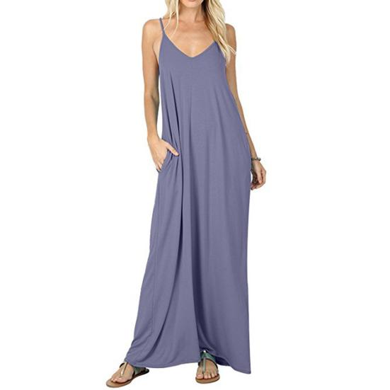 Women V-neck Sleeveless Sling Dress Solid Color Side Pockets Loose Fit Thin Maxi Dress Thin Holiday Long Dress Streetwear
