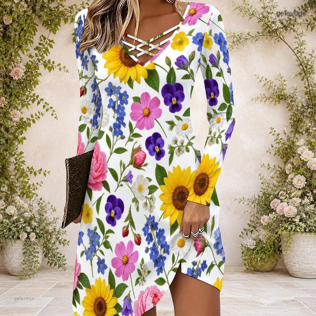 Women Floral Printed Criss Cross V Neck Long Sleeve Curved Hem Dress