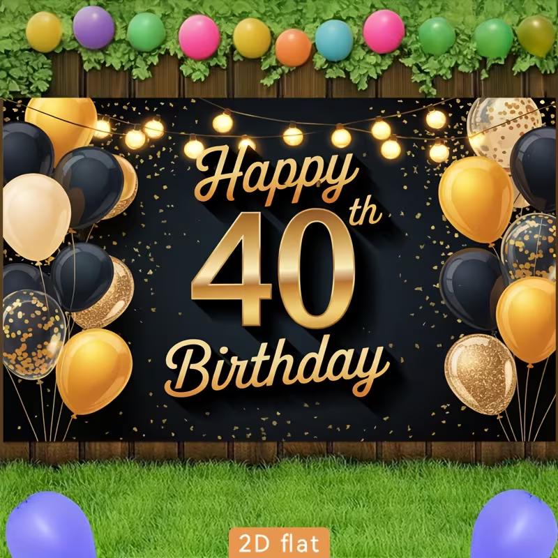 2D Adult 40th Birthday Backdrop Black Gold Themed Photography Banner