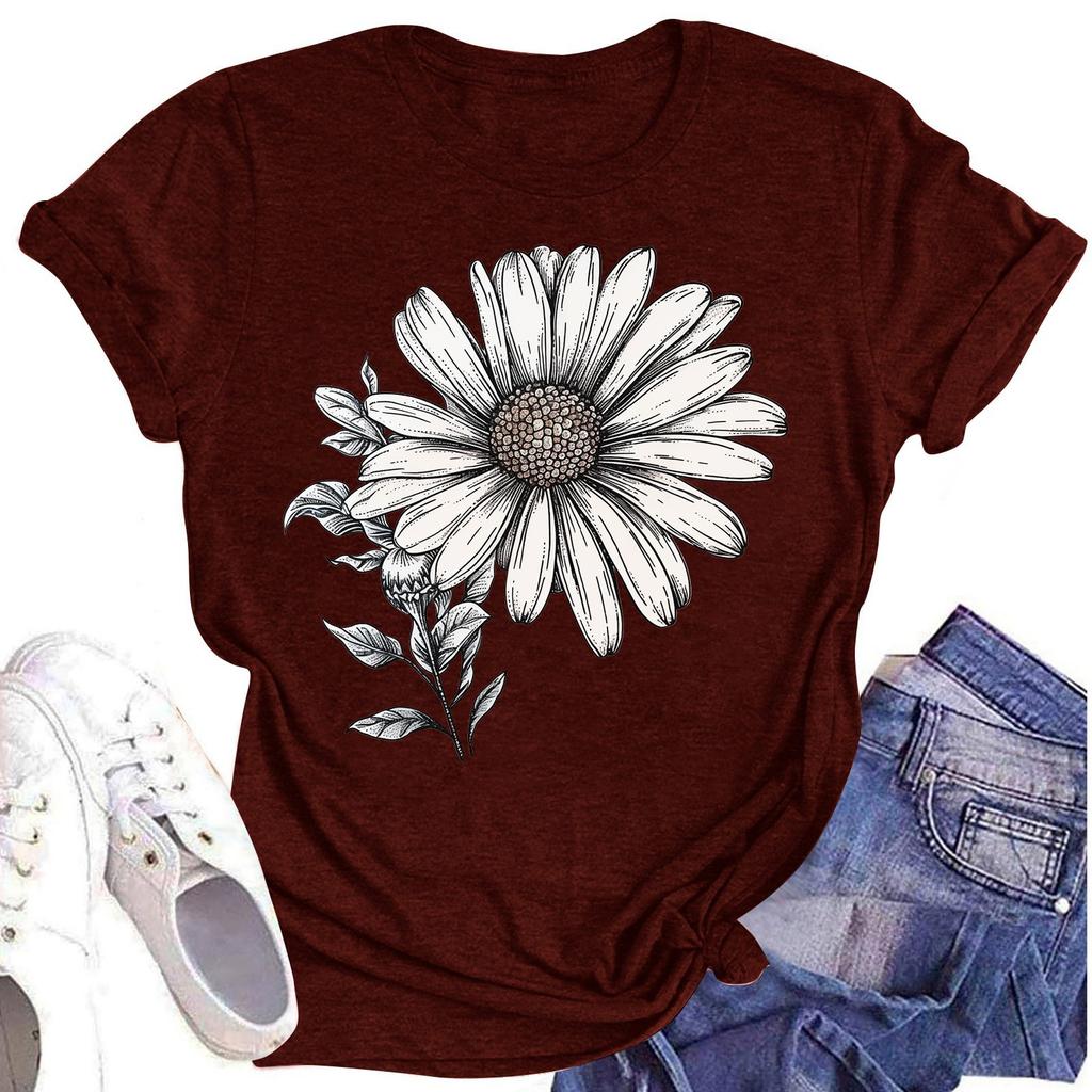 Lässiges T-Shirt für Damen mit Rundhalsausschnitt, Blumendruck, kurzärmelig