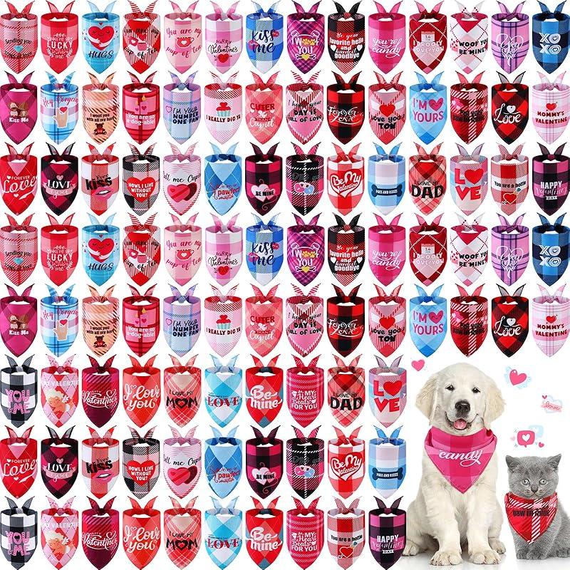 Sweetude 100 Pcs Valentine s Day Plaid Dog Bandanas Bulk with Sayings Valentine s PET Scarf Bibs Adjustable Washable Kerchief Holiday PET Costume Heart