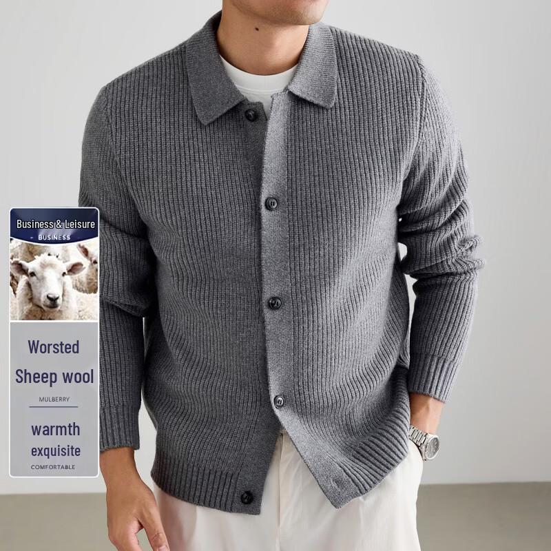 ROMON Men's Casual Solid Color Knit Lapel Cardigan