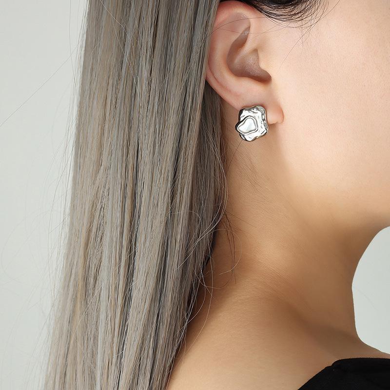 Korean Geometric Irregular Mother-of-Pearl Earrings in 18K Gold-Plated Titanium Steel