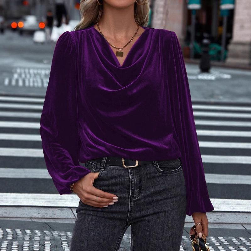 2026 Velvet High Neck Women's Long Sleeve Top - European, American, Korean Style for Spring/Autumn