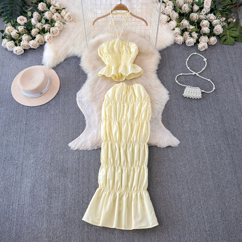 

Pure Desire Style Sexy Suit Female Summer Ruffles Halter Spaghetti Straps Tube Top Tops + Cake Dress Skirt Suit Suit Apricot L