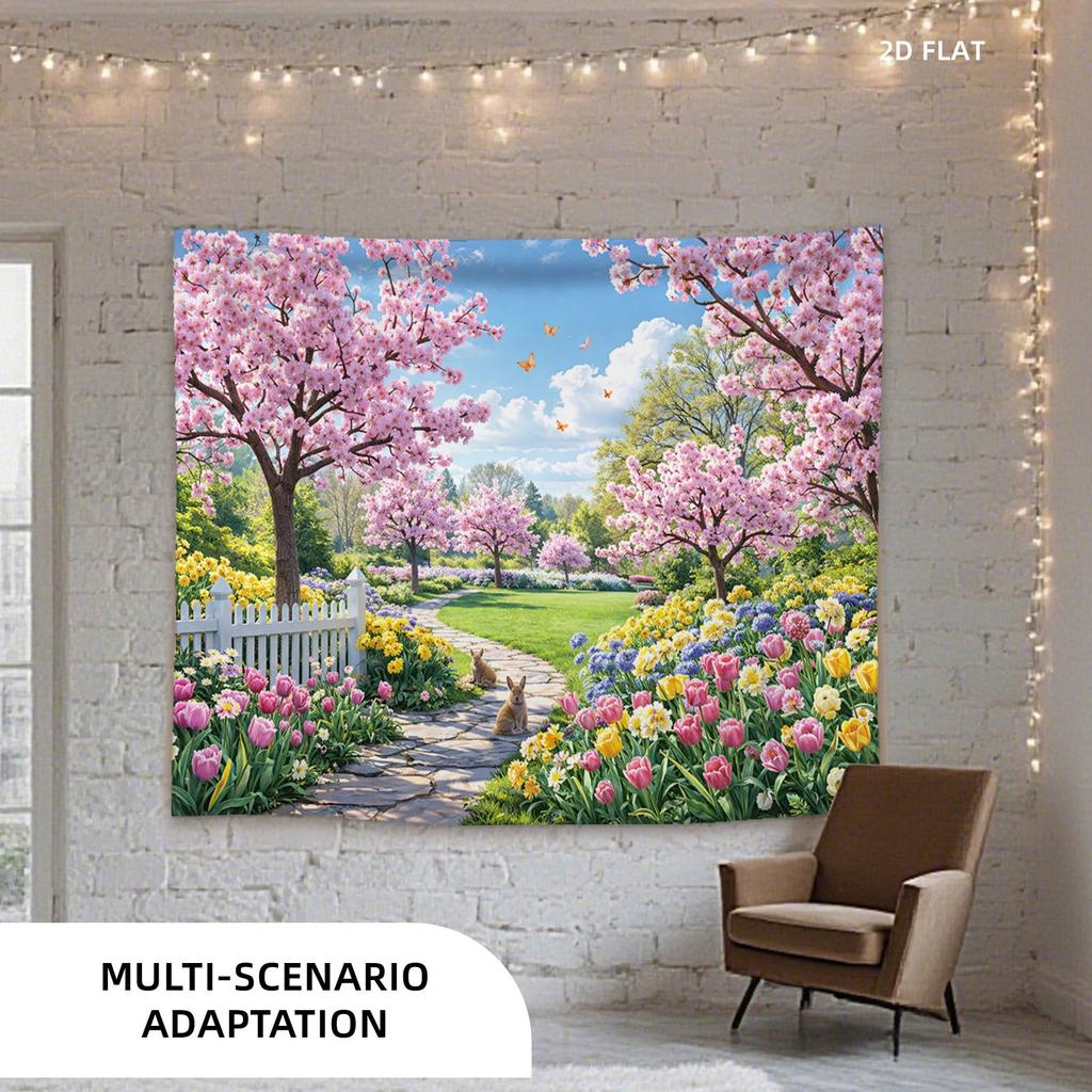 2D plane 1 cherry tree bright flowers sunny garden stone path butterflies. Suitable for living room of the room.