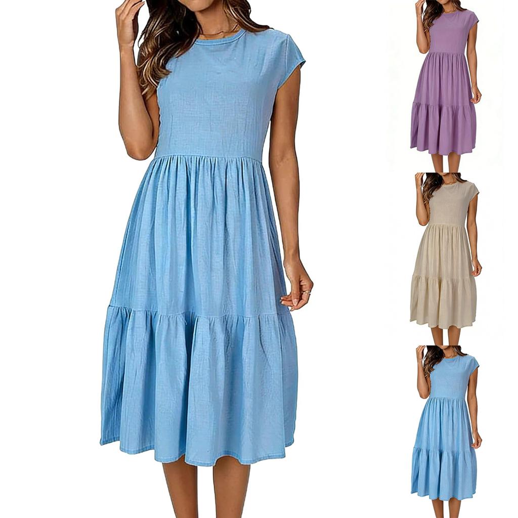 Women’s Short Sleeve Crew Neck Tiered Midi Dress Casual Loose Fit Solid Pattern Soft Lightweight Fabric Summer Wear