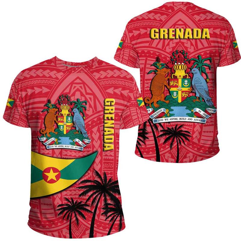 Grenada Flagge Karte 3D Druck T-Shirt Grenada Wappen Grafik Kurzarm T-Shirts Vintage Unisex T-Shirts Herrenbekleidung