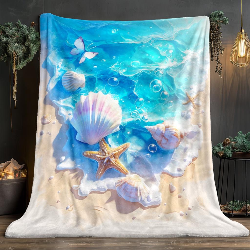 Blue Ocean Shell Print Flannel Blanket Soft Lightweight for Sofa Travel Office Bed, Nice Home Gift