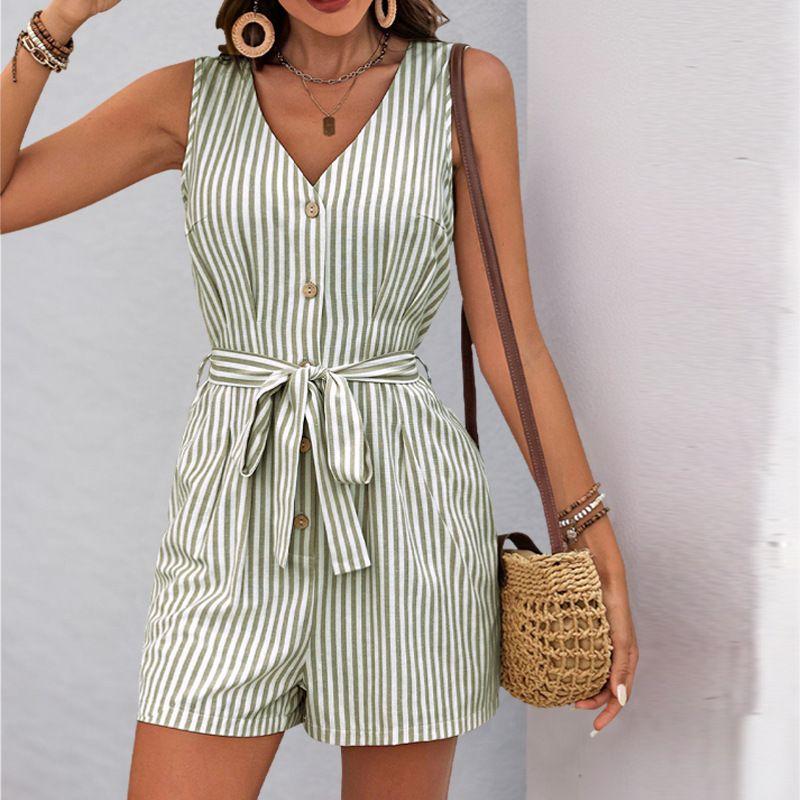 

V-neck Sleeveless Striped Jumpsuit Shorttsv Collar Sleeveless Stripe One-Piece Shorts Army Green XL