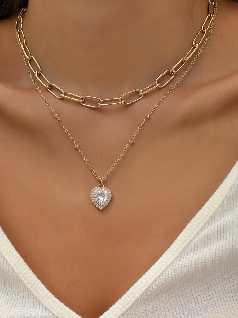 Elegant Fashion Sparkling Heart Pendant Double Layered Collarbone Chain Jewelry Suitable for Daily Commuting & Parties