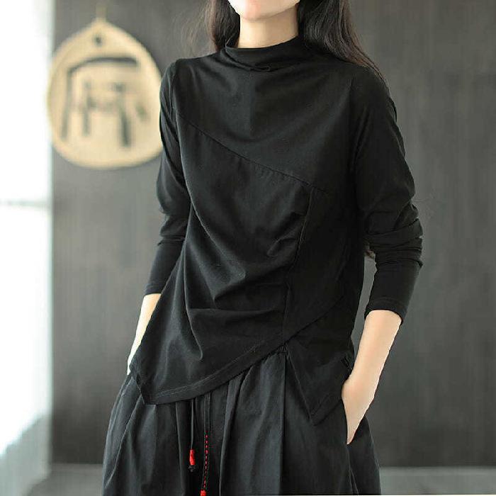 Literary Retro T-shirt for Women, Small Turtleneck, Irregular Pleated Bottoming Shirt, Versatile Temperament, Slimming Top