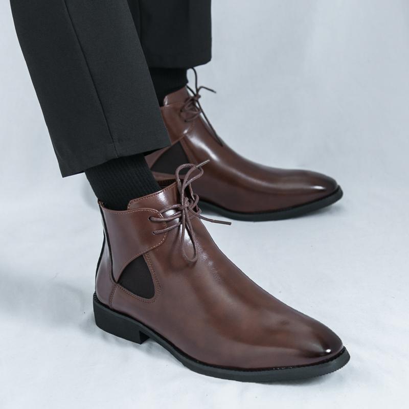 Fashion Fashionable Men's Comfortable Lace Up Polished High Top Leather Shoes Autumn Men's Pointed Business Breathable New Knight Boots