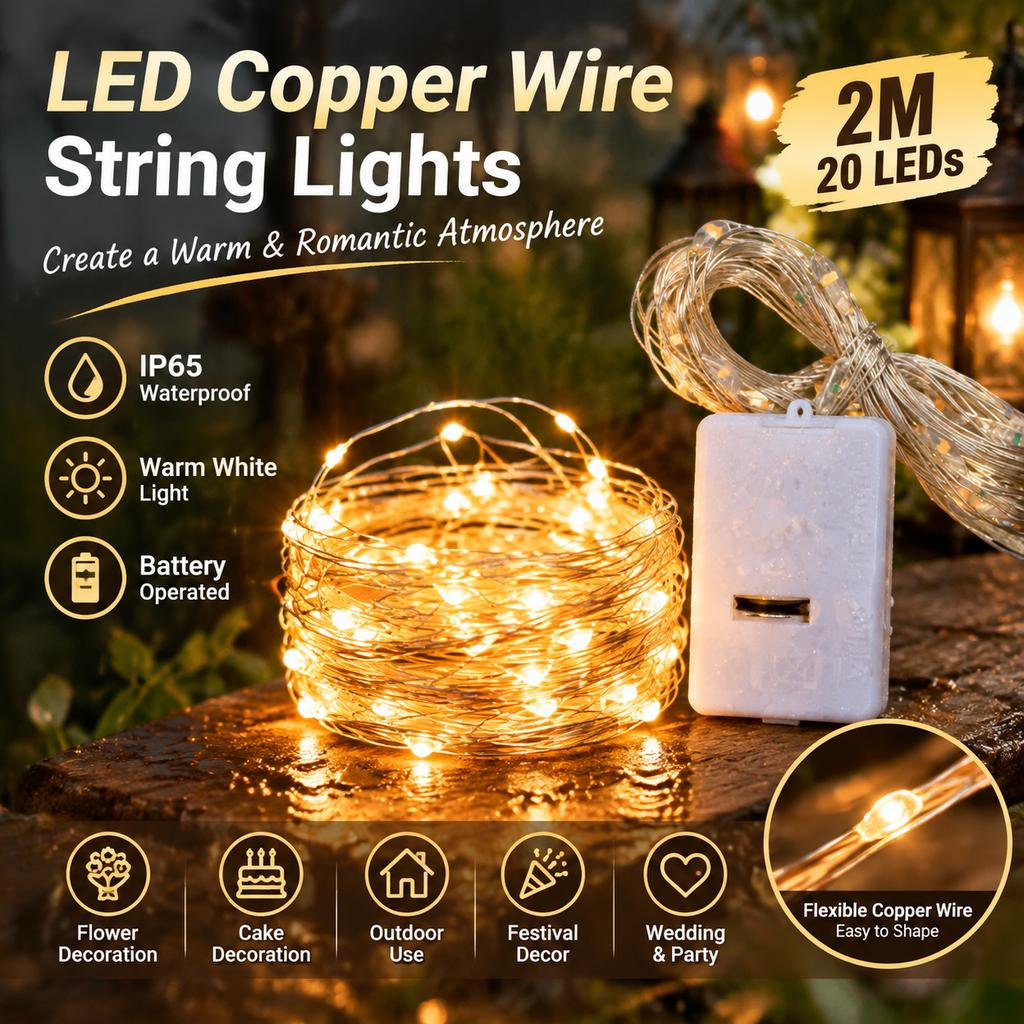 LED Copper Wire String Lights, 2m 20 LEDs, Warm White, IP65 Waterproof, Battery Operated