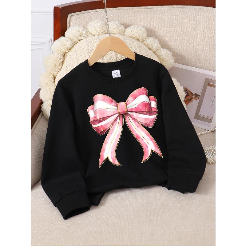 Girls' Crewneck Sweatshirt Pink And White Striped Bow with Golden Machine Washable, Spring And Autumn, Sportswear And Casual Wear