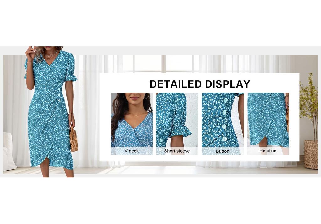 Women's Summer Casual Dress V Neck A-line Boho Ditsy Floral Sleeve Wrap Hem Dress