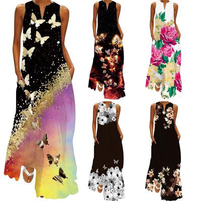 2024 Women's Sleeveless V-Neck Retro Print Long Dress