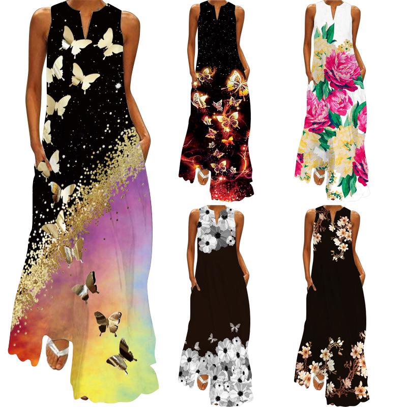 

2024 Women s Sleeveless V-Neck Retro Print Long Dress 5XL