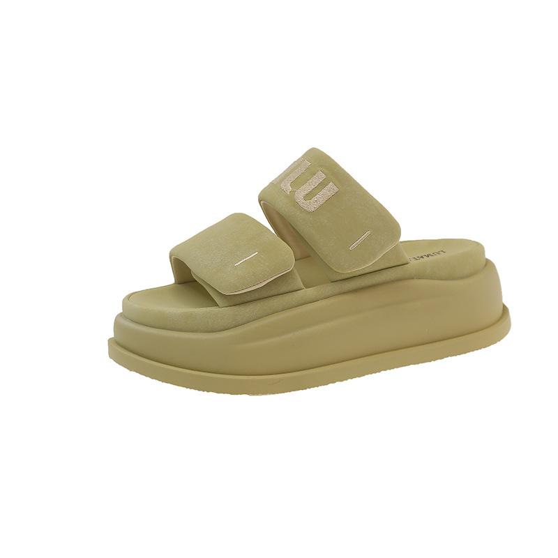 2025 new summer thick-soled heightening shoes one-word slippers women's versatile casual cool slippers Velcro not tired feet