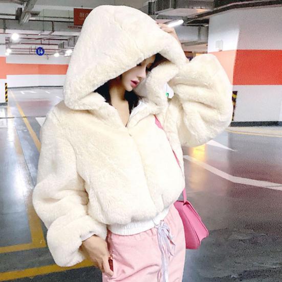 Autumn Winter Lady Cardigan Coat Thickened Plush Hooded Collar Loose Windproof Solid
