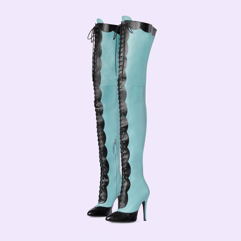 Fashion Women's Pointy Toe Cross Ties High Heel Over The Knee Boots 2025 New Slim Fit Zipper Long Boots Party Mixed Color Lady Shoes 43