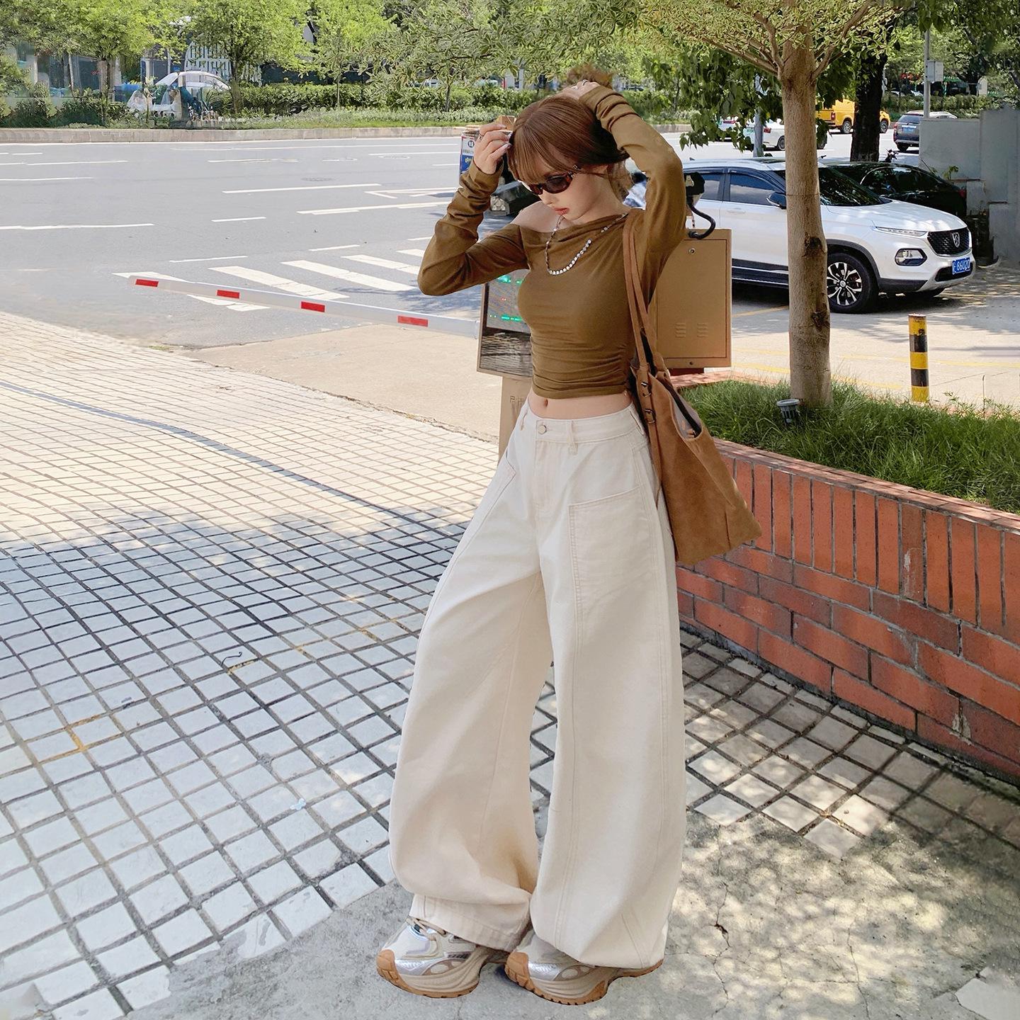 Apricot High Waist Wide Leg Pants - American Style Spring 2026 Women s Versatile Loose Fit Jeans Small