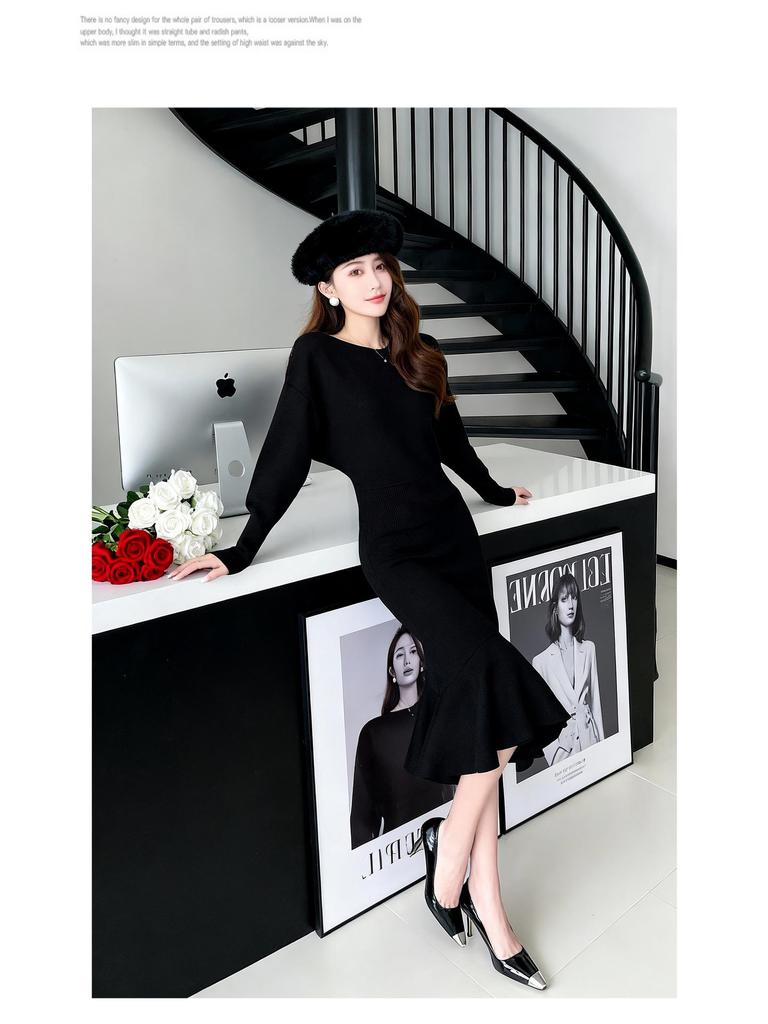 Elegant Black Mermaid Skirt Dress: Women's Long Sleeve, Over-the-Knee Knitted Style