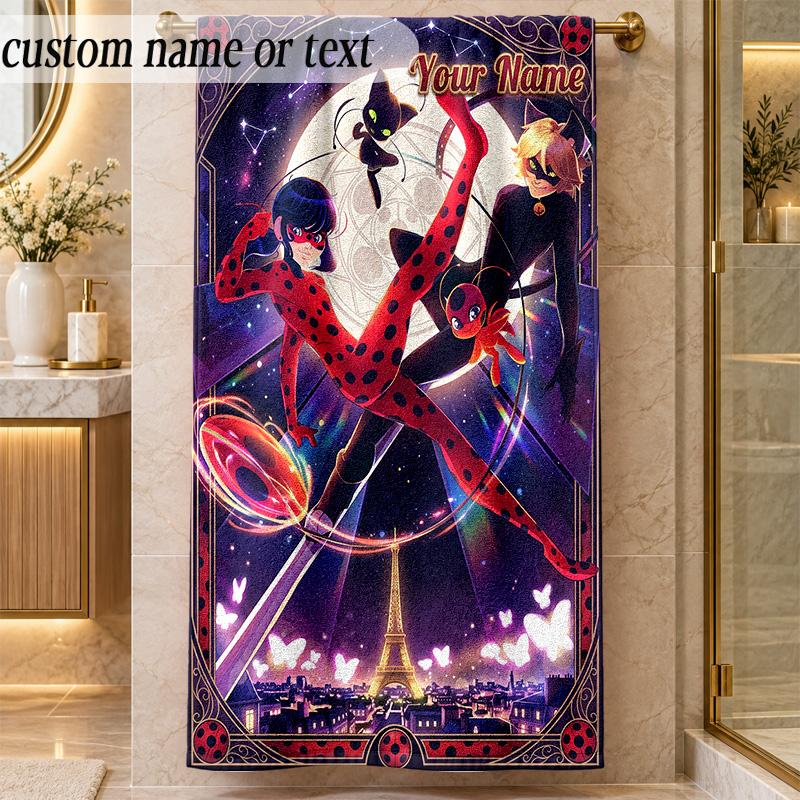 Beach TowelMiraculous Ladybug Custom Name Text Personalized Soft Towel for Beach Pool Indoor Home Decor Gift