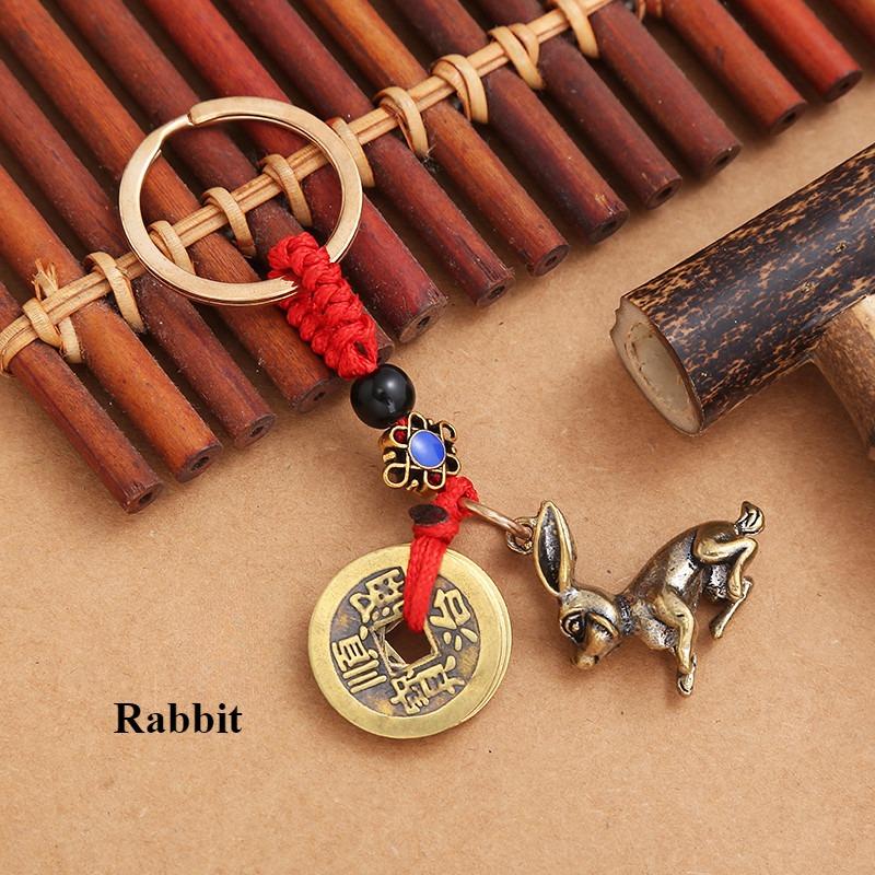 Pure Brass 12 Zodiac Keychain Pendant Five Emperors Money Lucky Key Ring Accessories Creative 3D Birth Year Women Men Bag Pendant New Year's Day Gifts