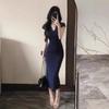 Summer Blue V-neck Knitted Hip-wrapped Dress Temperament Shows Body Long Dress High-end Dress