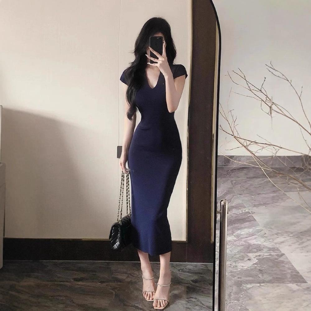 Summer Blue V-neck Knitted Hip-wrapped Dress Temperament Shows Body Long Dress High-end Dress