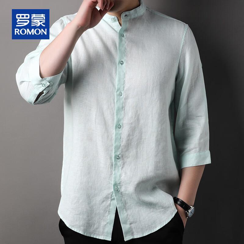 ROMON Men's 100% Linen 3/4 Sleeve Stand Collar Casual Shirt