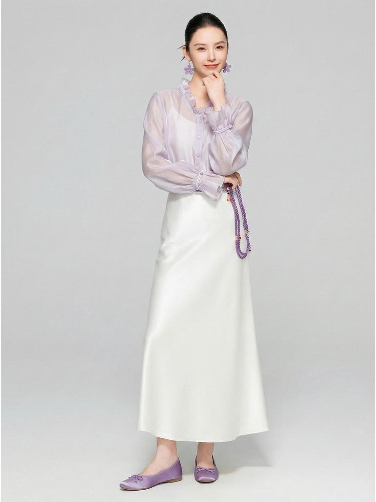 Zhi Hetang Retro Silk V-Neck Ruffled Long-Sleeve Blouse