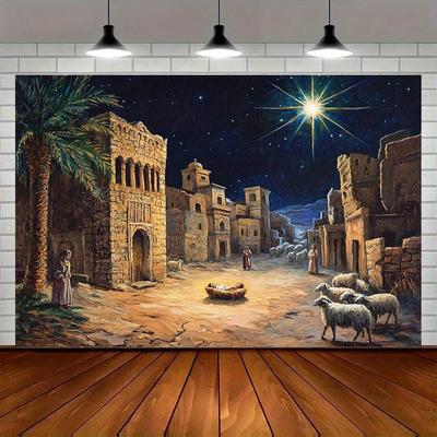1 Christmas Night Scene Starry Sky Shepherd and Livestock Stable Theme Background Fabric - Durable Polyester, Birthday