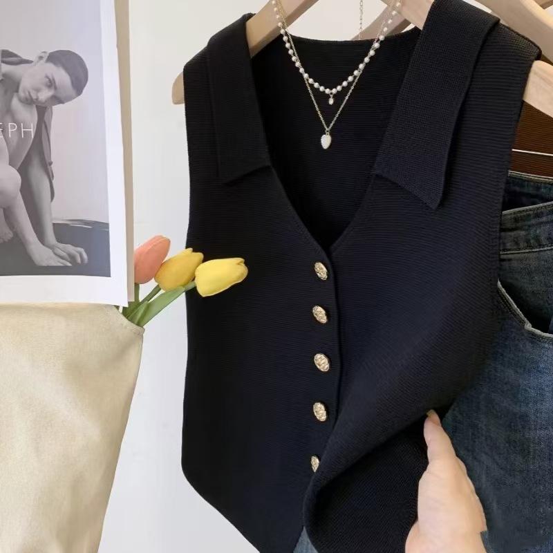 Vest French V-neck Single Breasted Sleeveless Slim Knitted Vest For Women
