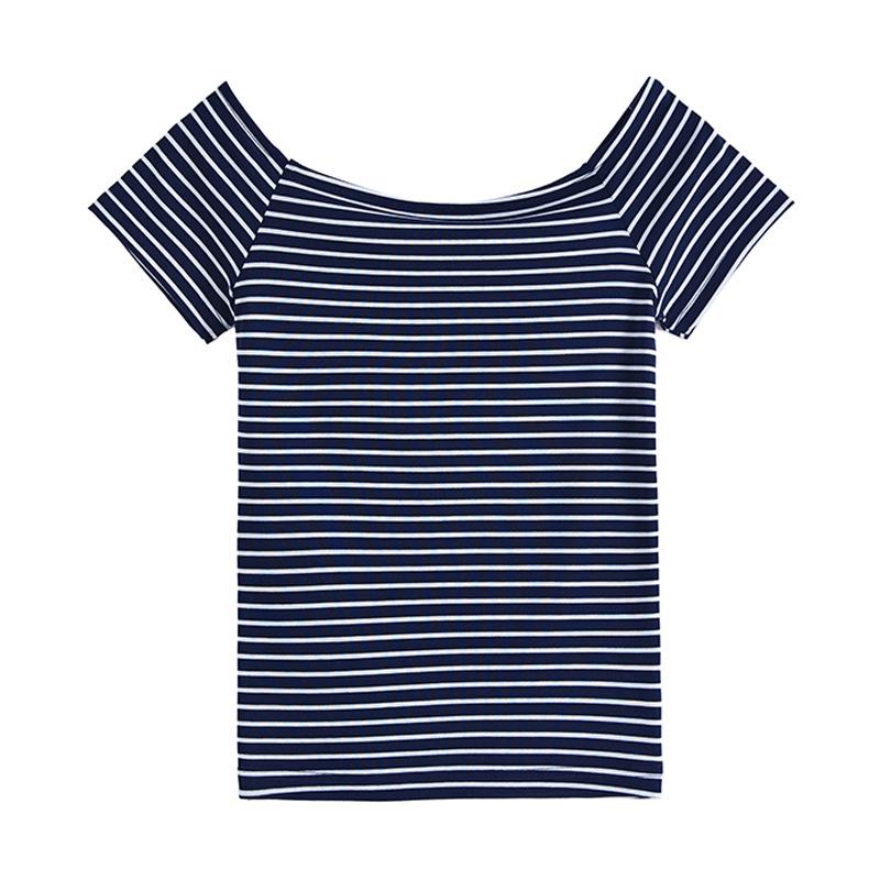 Tencel lyocell cotton, one-word collar off-the-shoulder striped T-shirt women's summer new slim-fitting sexy clavicle short-sleeved top