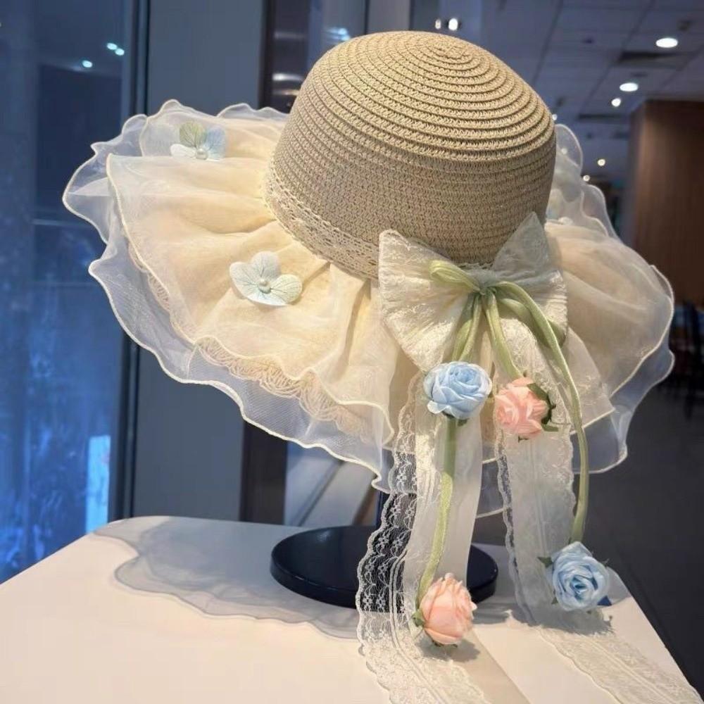 Elegant Rose Ruffle Edge Straw Hat Lace Ribbon UV Protection Woven Sun Cap Lightweight Design Breathable Mesh Beach Visor