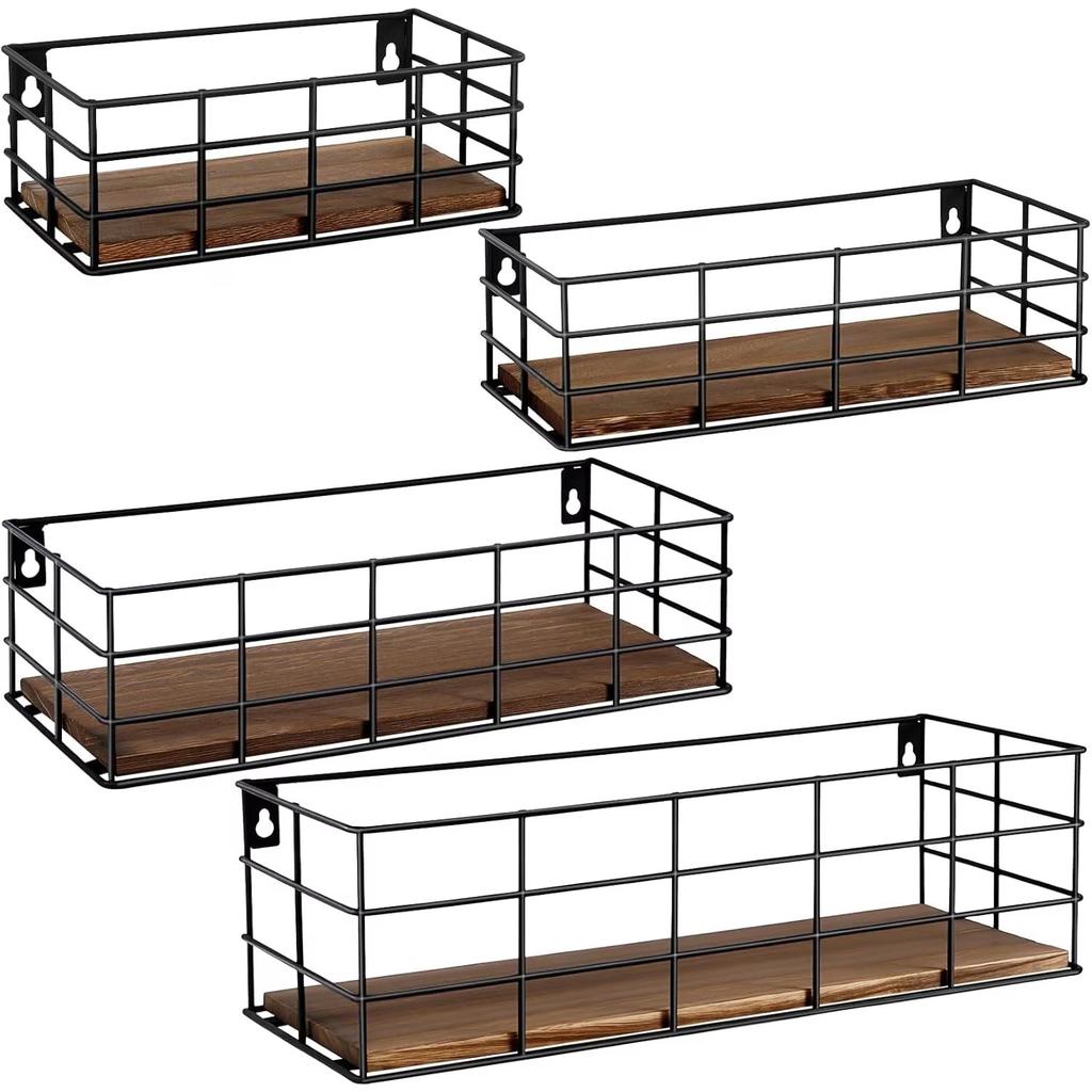 4 Sets of Hanging Floating Shelves, Metal Wire Storage Basket with Wood Bottoms, Hanging Storage Wall Shelf, Wall Mounted Shelves