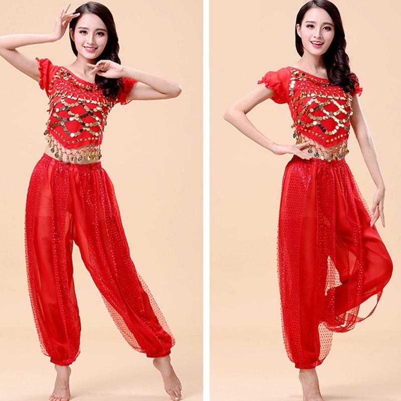 Belly Dance Costume Set for Women Crewneck Short Sleeve Tee Shirt Top Lantern Trousers Carnival Dancer Outfit Suit