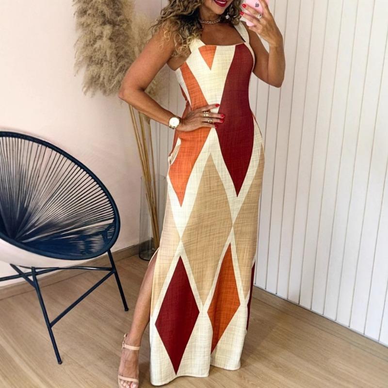 Summer new sleeveless contrasting colors sexy slim-fitting split commuter dress women's clothing