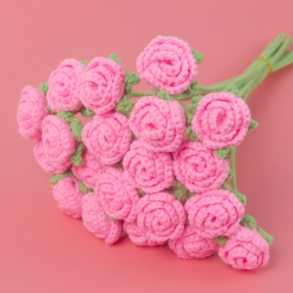 1pc Knitting Rose Flower Bouquet Graduation Flowers Bouquet  Fake Flower Finished Handmade Roseramos De Flores