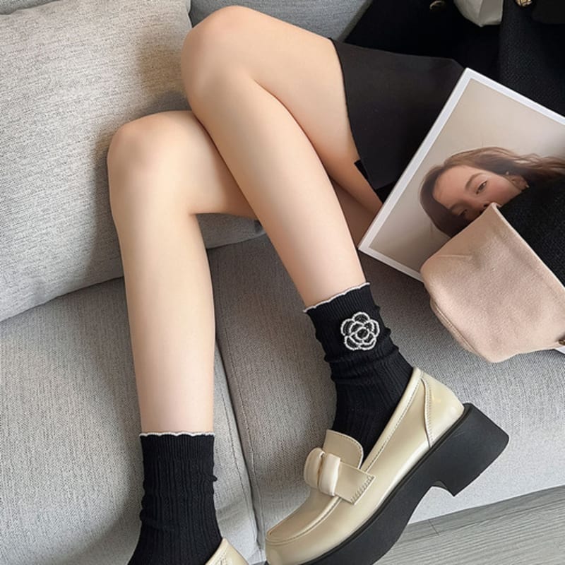 

ANGEL SOCKS 1287 Beaded Flower Lace Cotton Socks 02 Black