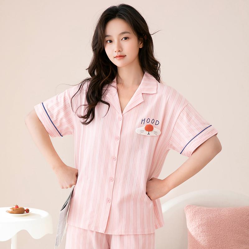 Fenteng [A-class pure cotton 10A antibacterial] 26 spring and summer short sleeved cardigan home suit sleepwear for women and couples