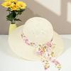 Beige Wide Brim Straw Sun Hat Foldable Polka Dot Bow Ribbon UV Protection for Summer Pool Party Travel Use